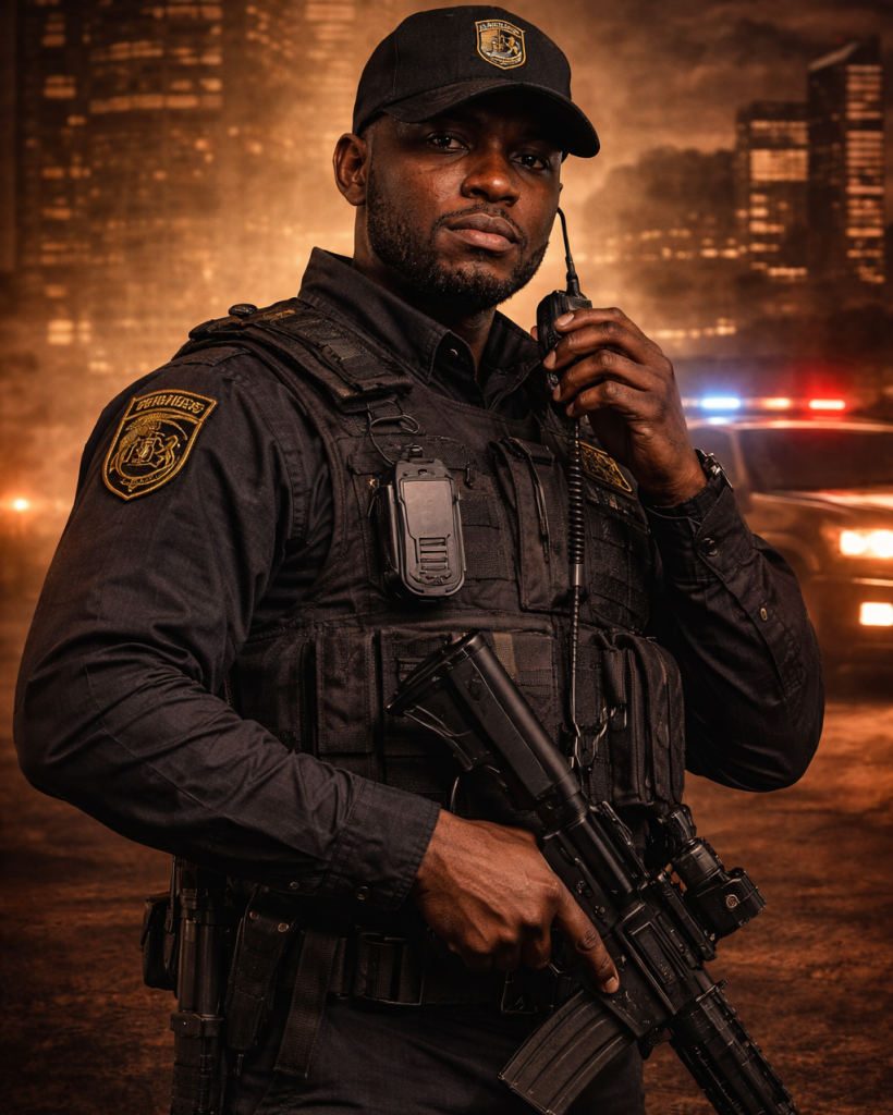 Professional Black security officer standing on duty at a secured corporate facility, representing reliable private security services in Ghana.