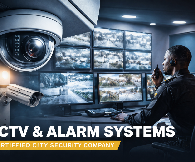 Professional CCTV and alarm systems installation showing modern surveillance cameras and monitoring screens, representing advanced security surveillance services in Ghana.